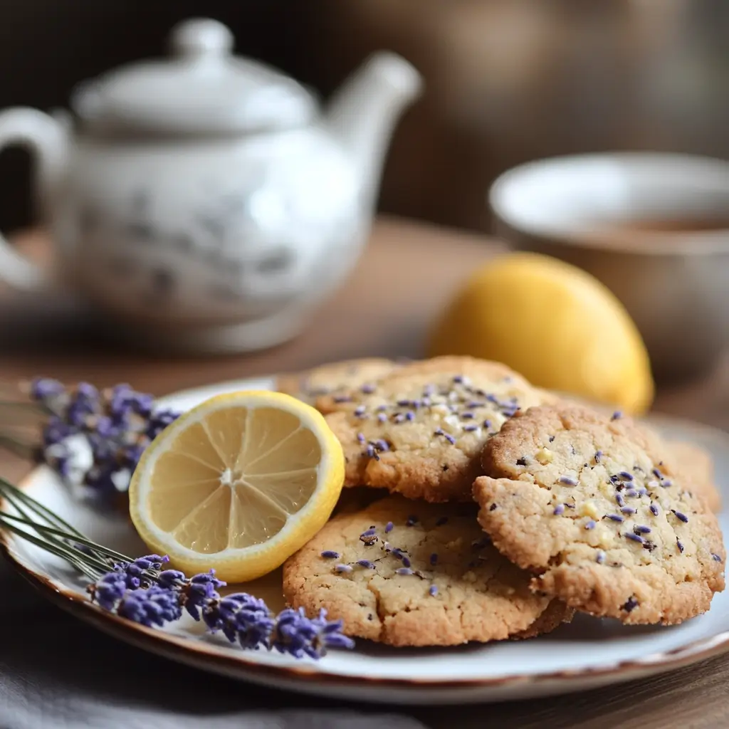 Earl Grey Cookies 1 Earl Grey cookies with lavender and citrus zest on a plate.