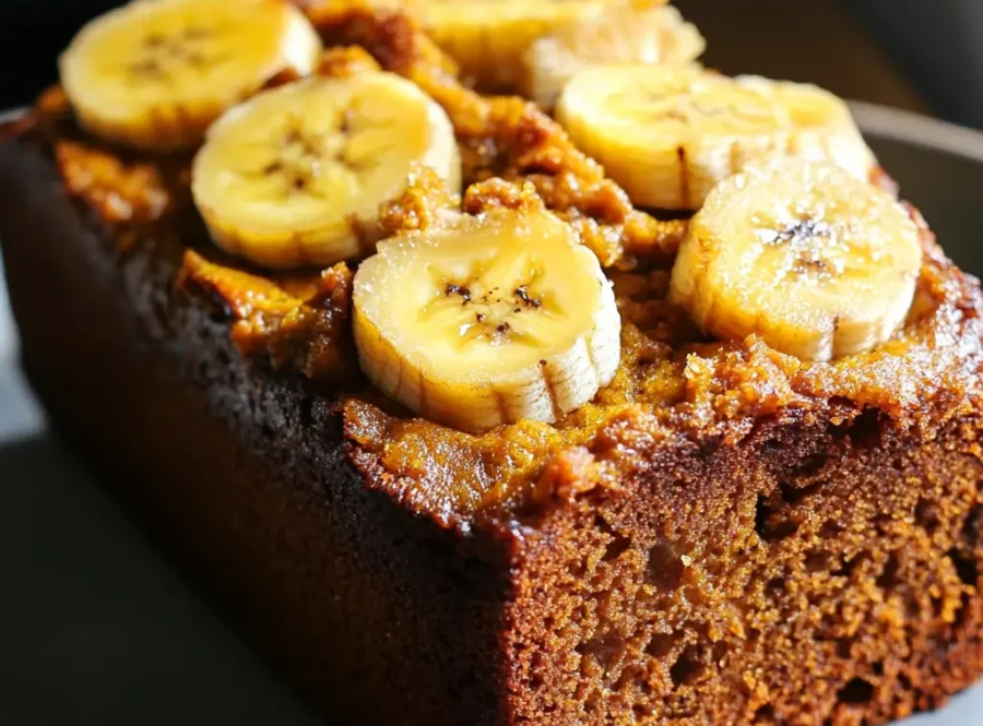 Freshly baked pumpkin banana loaf sliced on a wooden cutting board, showcasing its moist texture and golden-brown crust.