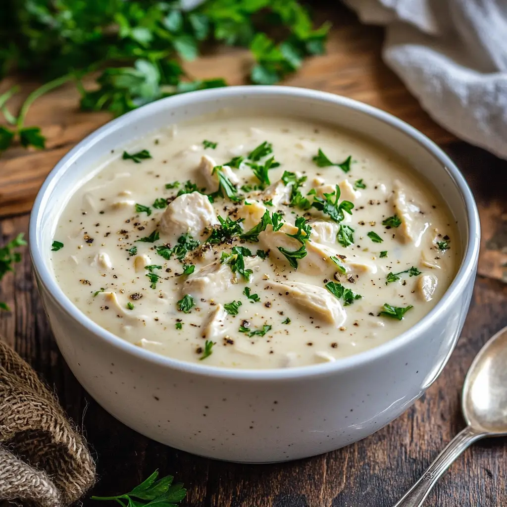 Breaking Down The Sauce In Chicken Pot Pie: What It's Made Of And How To Perfect It 2 A bowl of creamy chicken pot pie sauce garnished with fresh parsley.