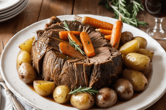 Perfectly cooked pot roast on a serving plate with vegetables