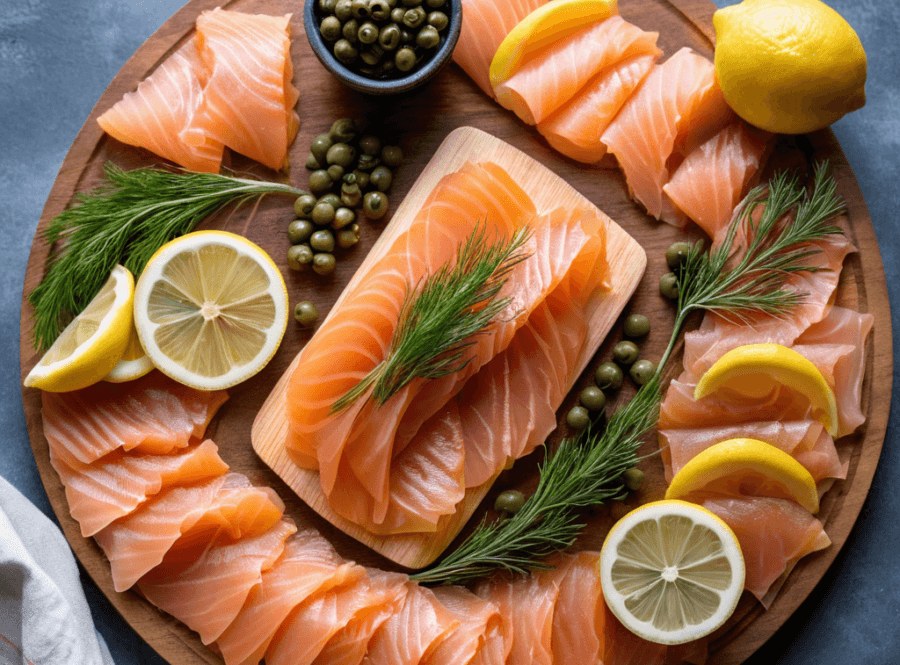 Sliced cold-smoked salmon on a charcuterie board.