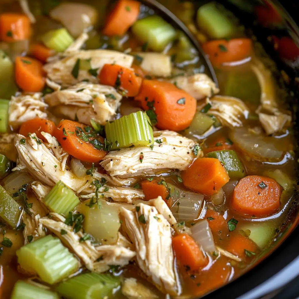 Final crock pot dish with tender chicken and vegetables in broth, garnished with fresh herbs.