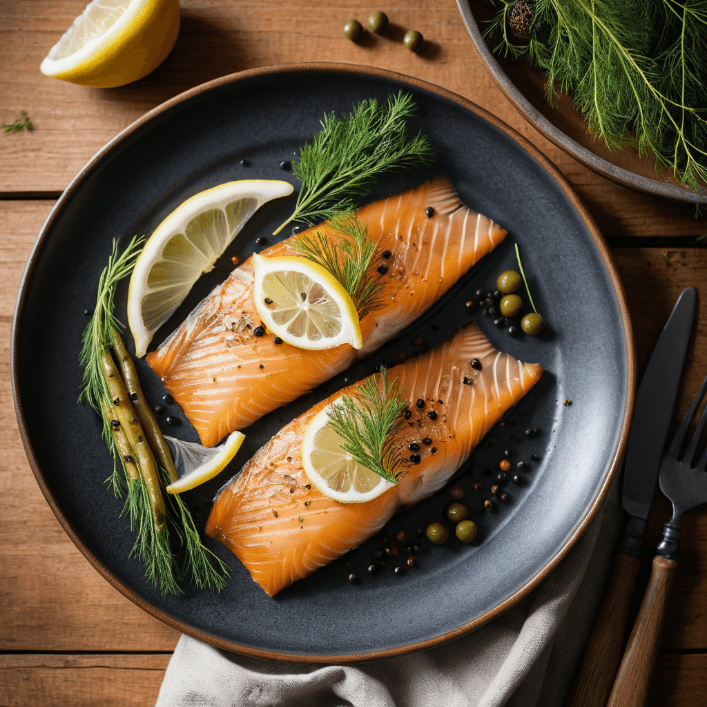 Smoked fish fillets served on a plate with garnishes.