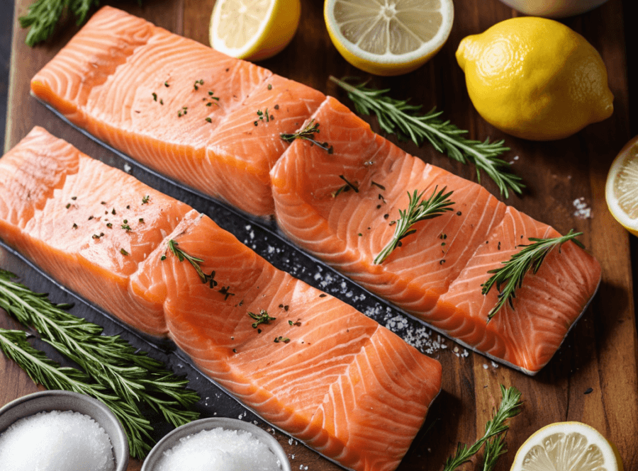 Fresh salmon fillets next to brine ingredients.