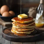 Fluffy pancakes with syrup and butter on a rustic wooden table.