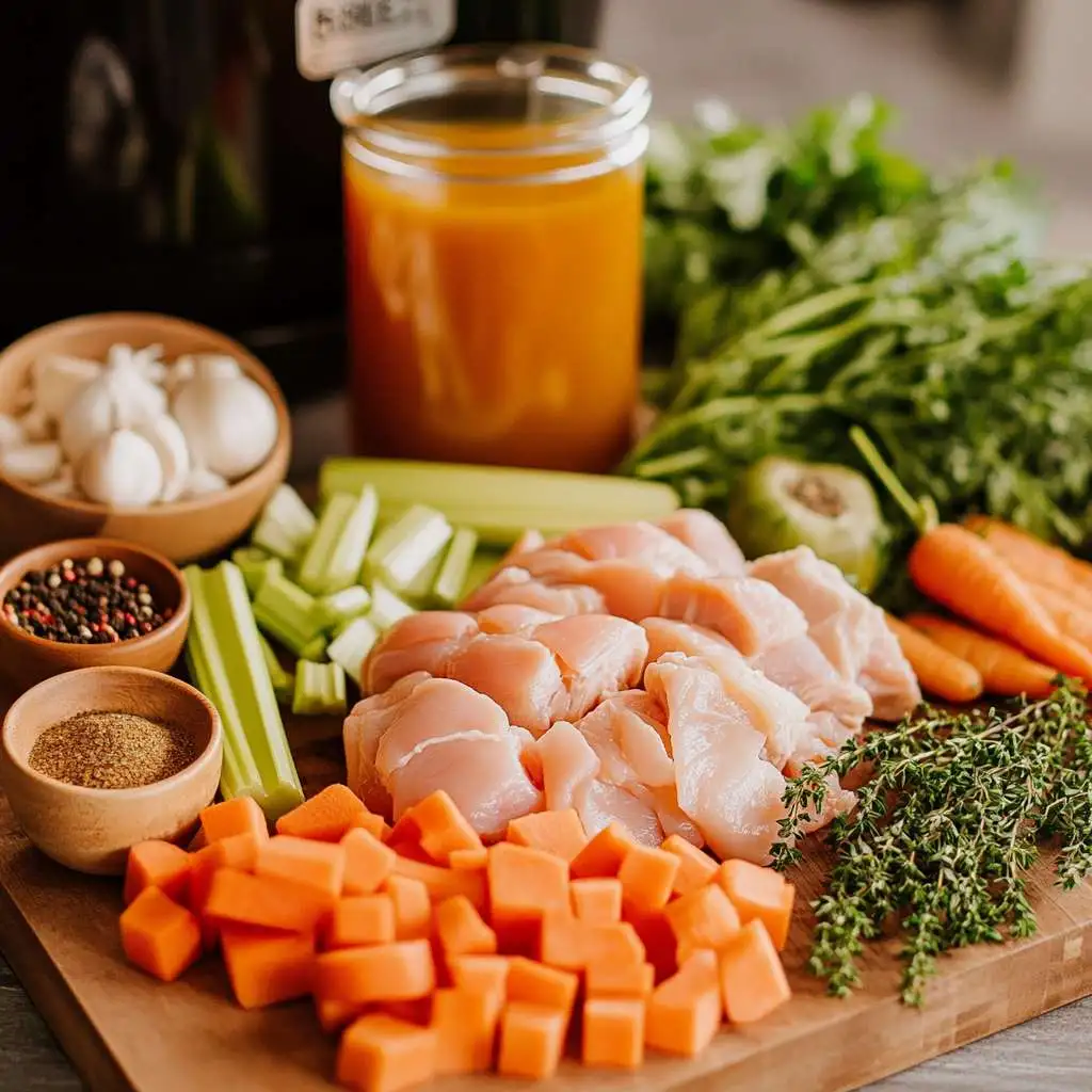 Raw chicken, fresh vegetables, spices, and broth arranged for crock pot cooking in a bright kitchen.