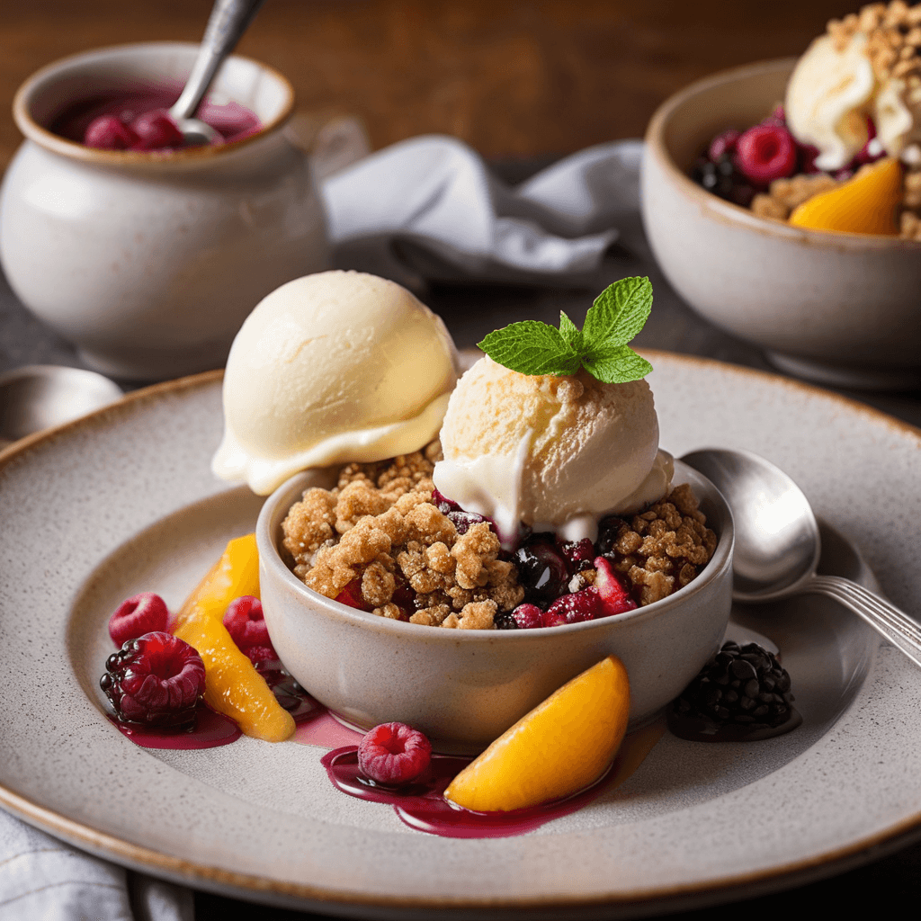 A bowl of fruit crumble served with a scoop of vanilla ice cream.