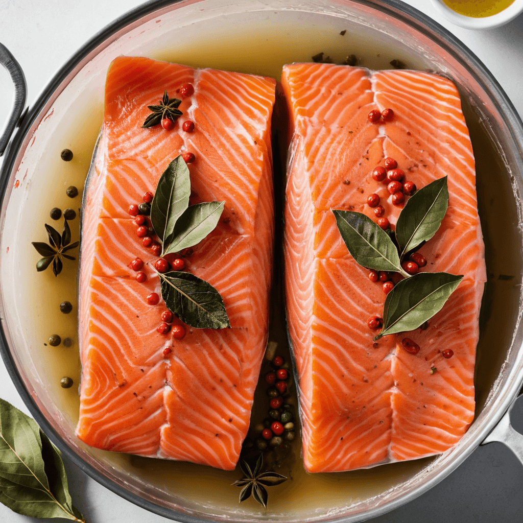 Fresh salmon fillets being brined.