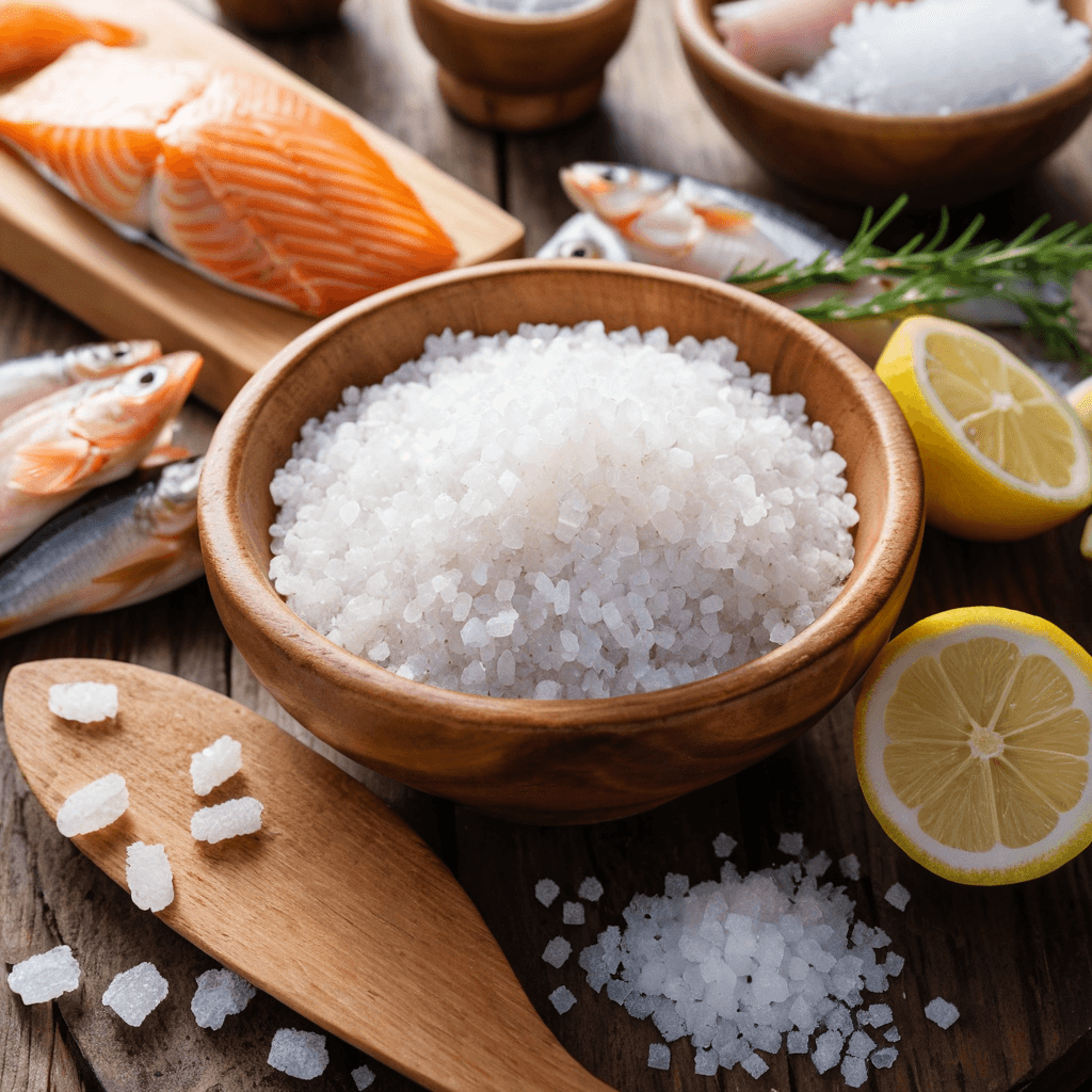 Coarse sea salt in a wooden bowl with fish fillets nearby.