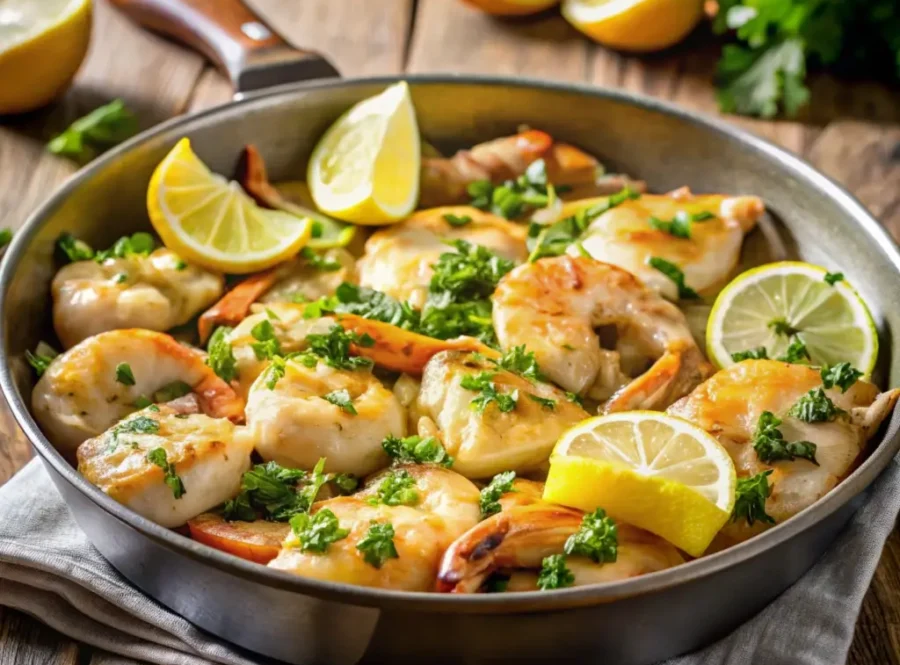 Garlic butter chicken and shrimp served with lemon wedges.