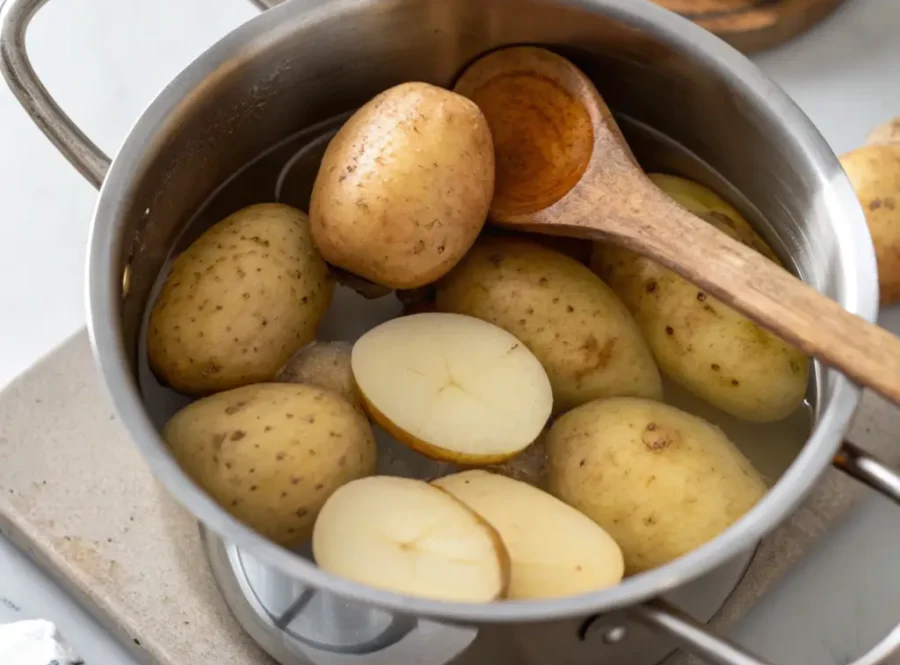 Whole and cut potatoes boiled for potato salad