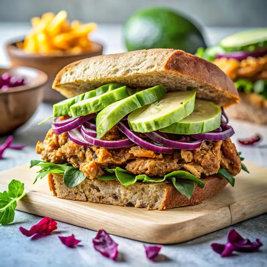  A trendy vegan sandwich with jackfruit and colorful veggies  with unique popular fillings