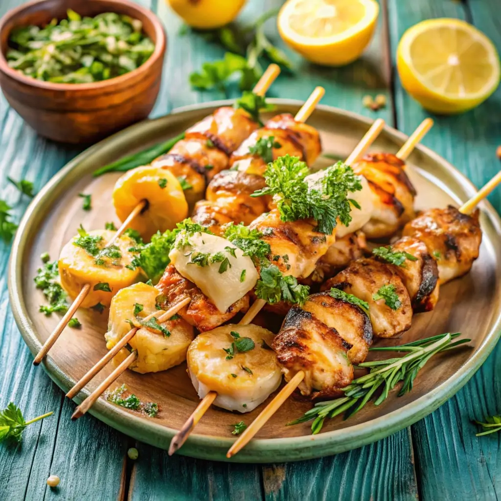 Chicken and Shrimp Recipes , Grilled chicken and shrimp skewers with herb butter on a platter.