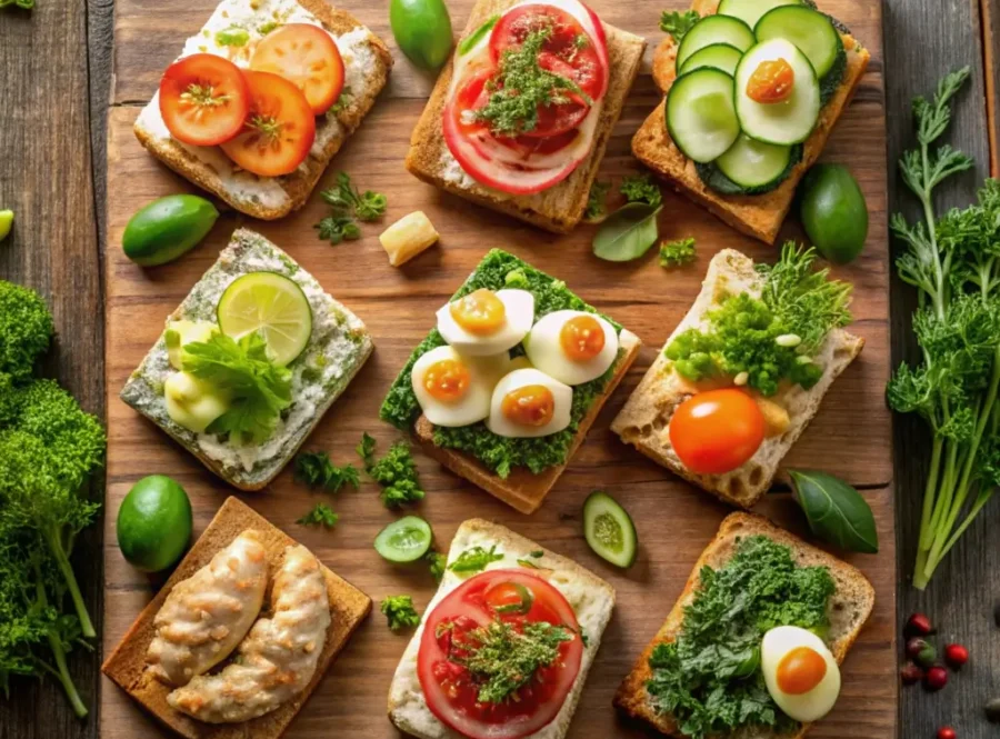 A variety of sandwiches with popular fillings on a wooden board