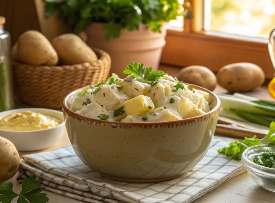 A perfectly prepared potato salad with parsley garnish.