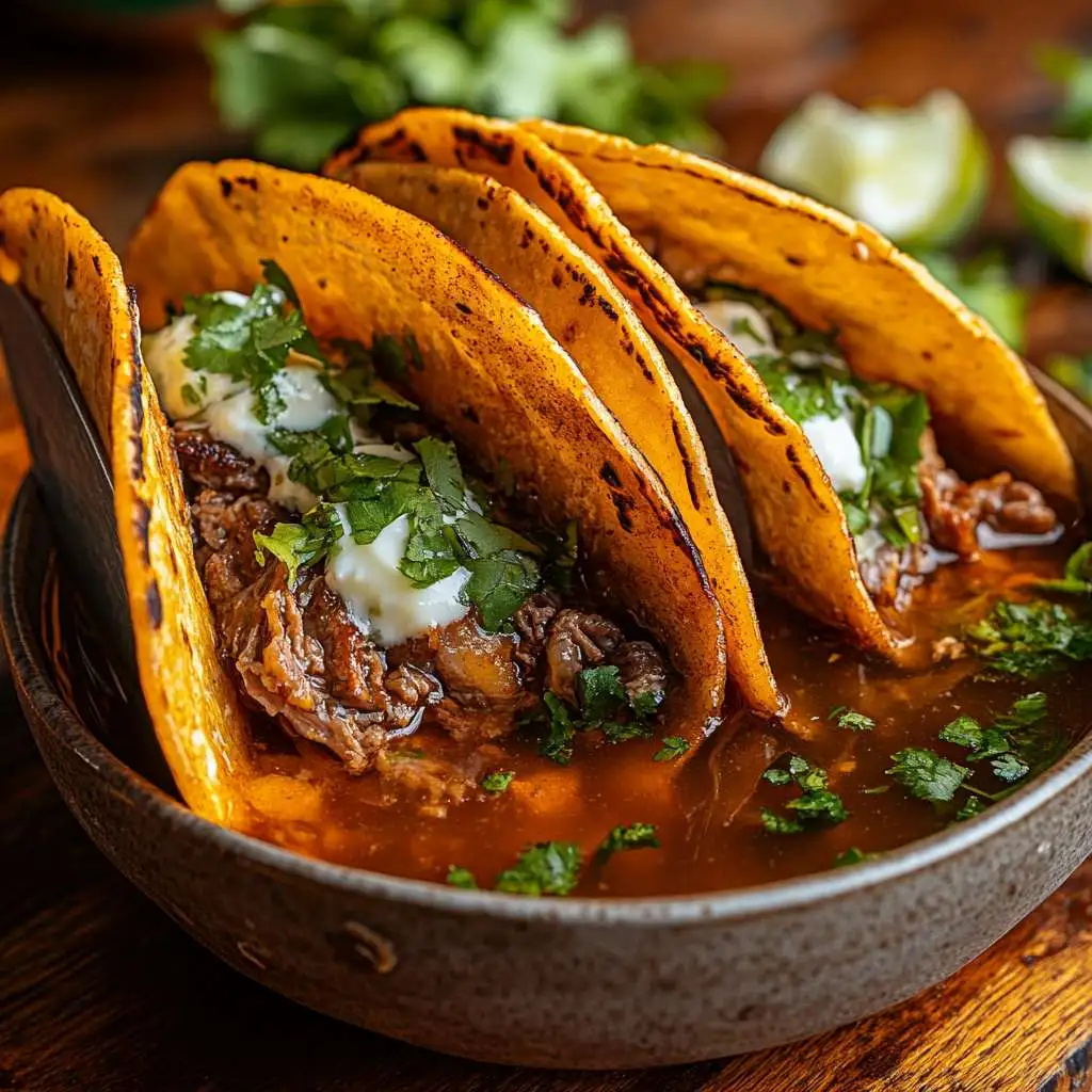 Birria Tasting Notes: What Makes It So Irresistibly Delicious? 3 Birria tasting tacos being dipped into consommé with colorful garnishes.