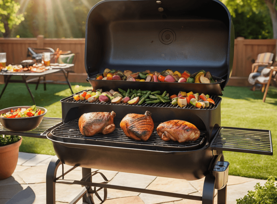 A sizzling smoker loaded with chicken thighs, pork tenderloin, and vegetables.