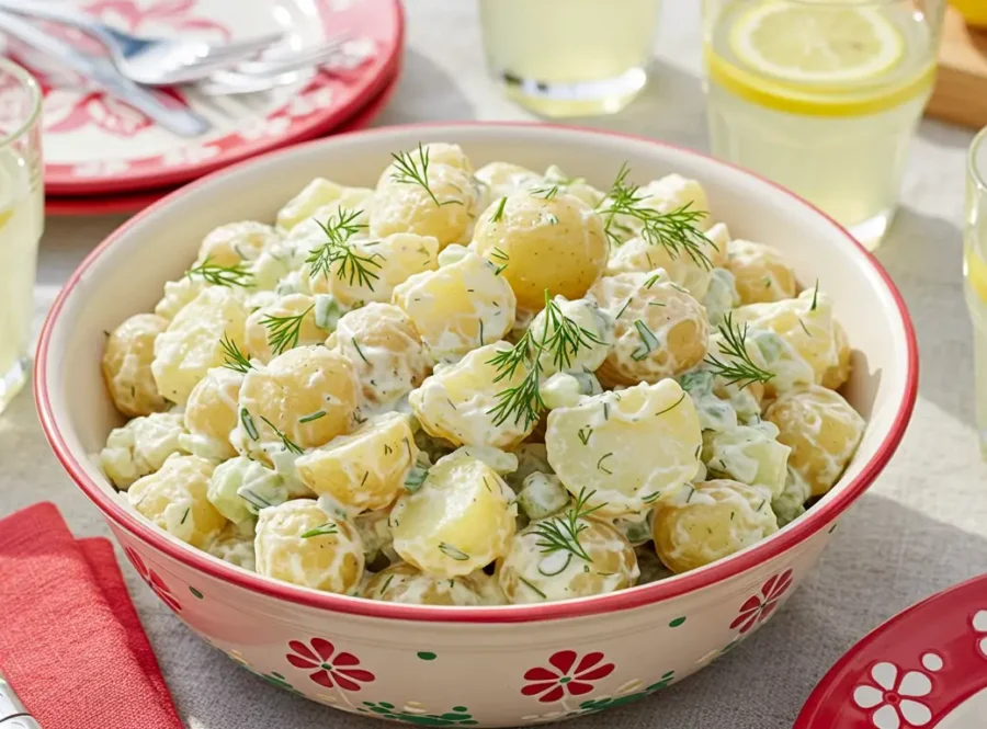 potato salad with fresh garnishes on a picnic table.