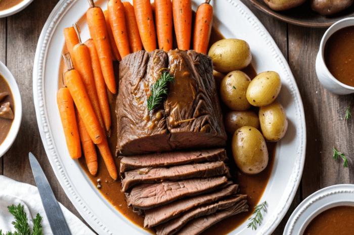 Sliced venison pot roast served on a platter with vegetables.