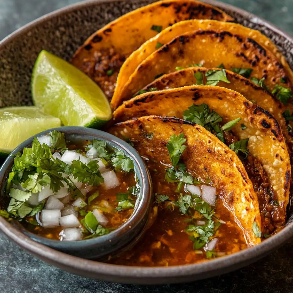 A platter of crispy birria tacos served with consommé