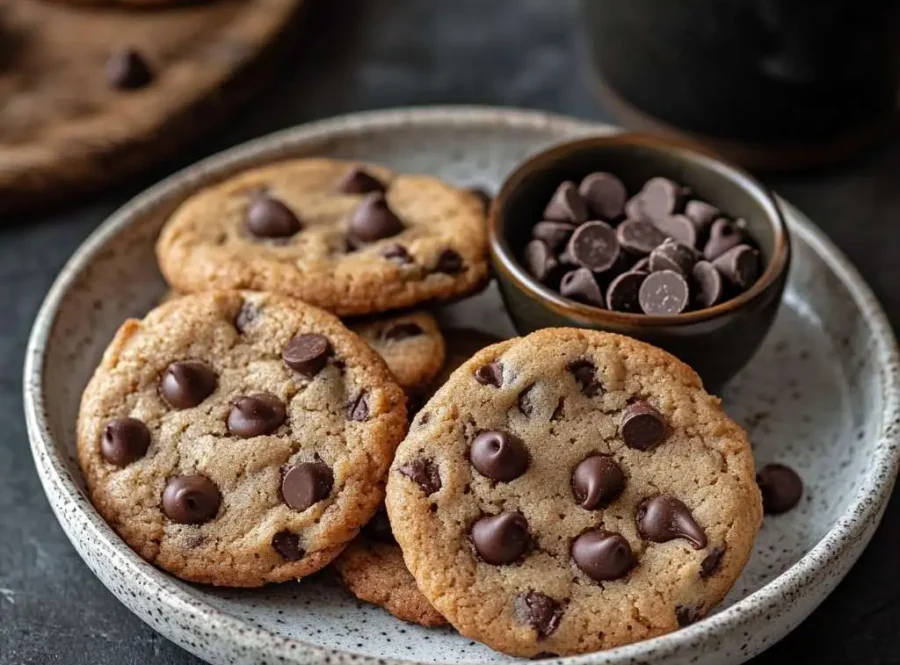 A beautifully styled plate of sugar-free chocolate chip cookies surrounded by a steaming cup of coffee and a small bowl of sugar-free chocolate chips.