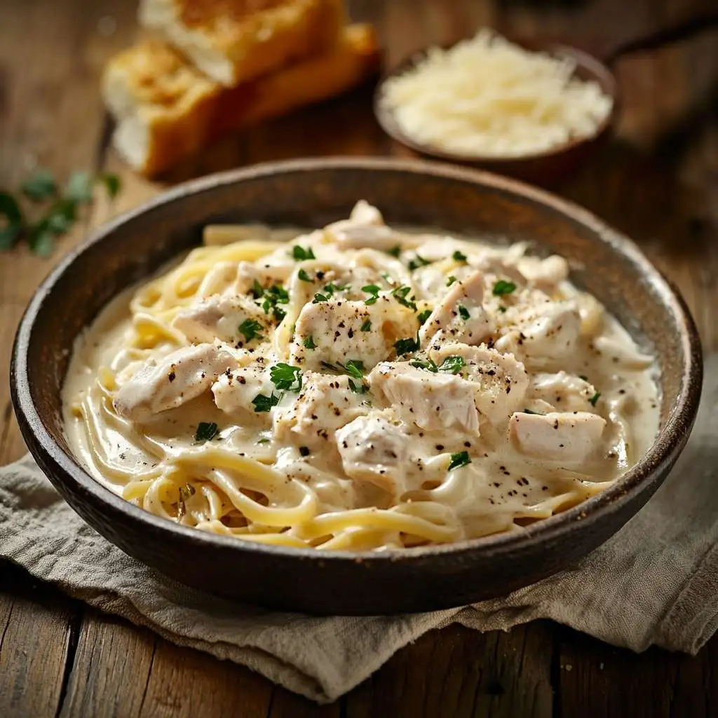 One Chicken, Many Meals: 15 Quick Leftover Rotisserie Chicken Ideas 1 A creamy bowl of chicken Alfredo pasta garnished with parsley.