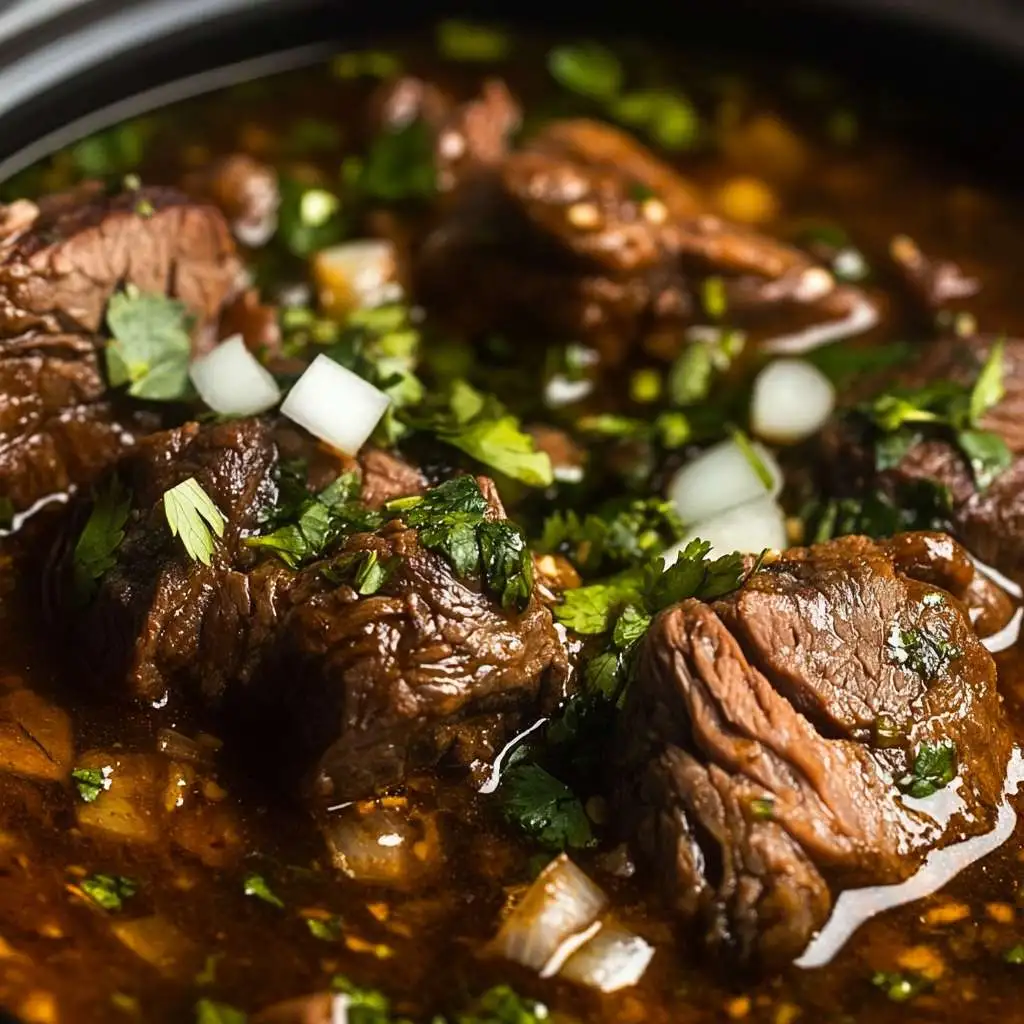 Birria Tasting Notes: What Makes It So Irresistibly Delicious? 1 A close-up shot of birria meat and consommé highlighting its rich, smoky, and spicy texture.