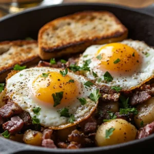 The Best Libby’s Corned Beef Hash Recipe: A Hearty and Easy Breakfast 3 A skillet of Libby’s Corned Beef Hash topped with sunny-side-up eggs and parsley.