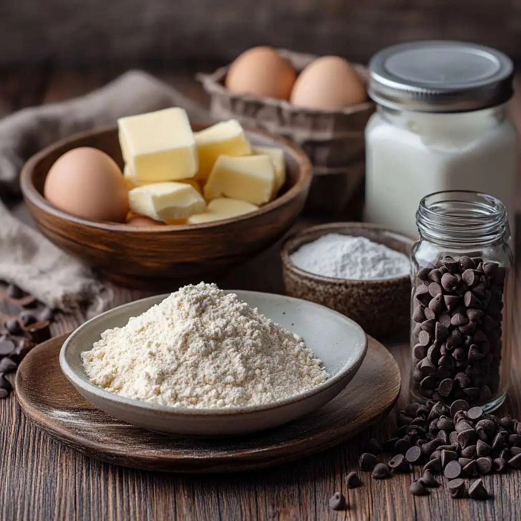 Ingredients for baking chocolate chip cookies without brown sugar, including white sugar, butter, eggs, vanilla extract, chocolate chips, and flour arranged on a kitchen countertop.