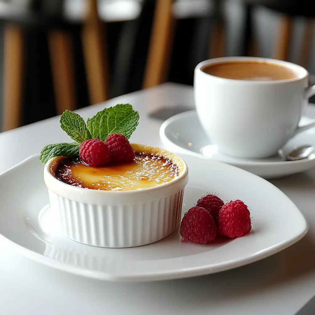 Crème brûlée served with fresh berries and coffee