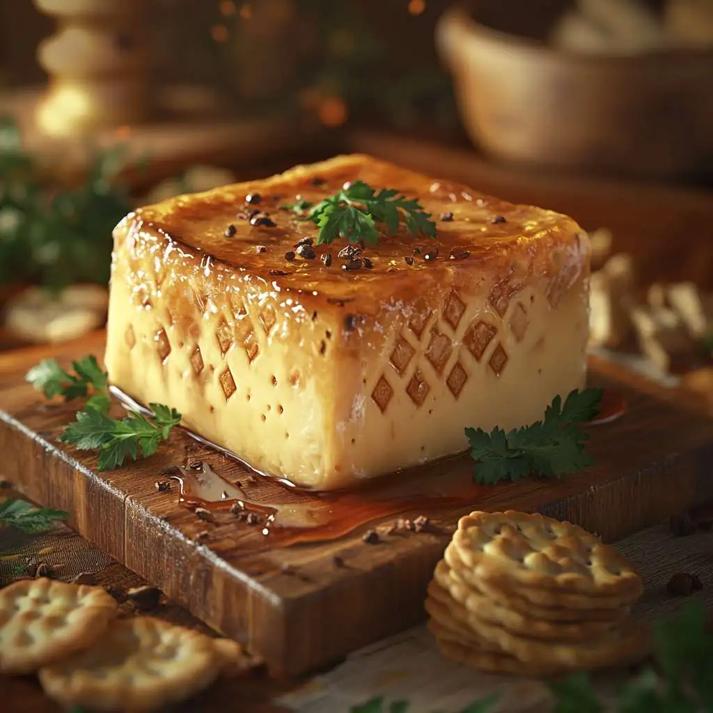 Smoked cream cheese with a golden-brown crust surrounded by crackers.