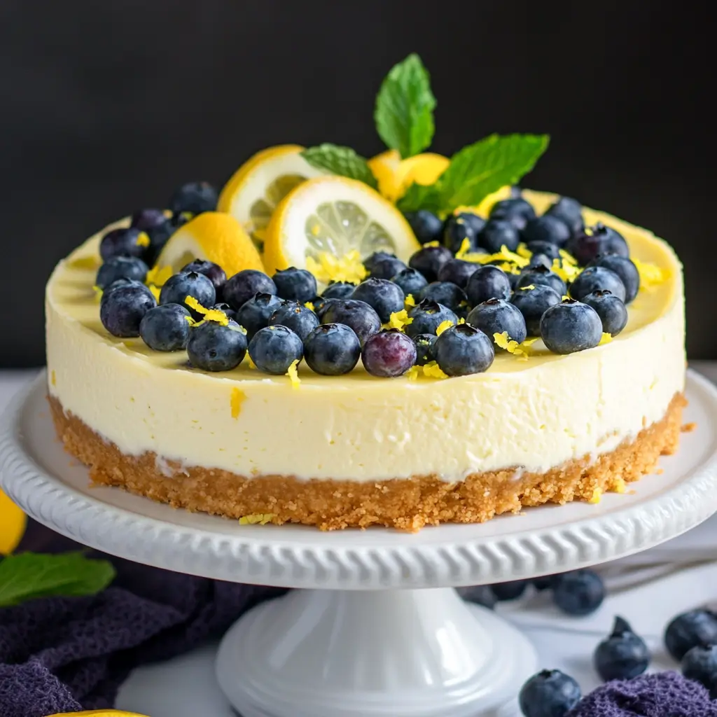 A fully decorated lemon blueberry cheesecake on a serving platter