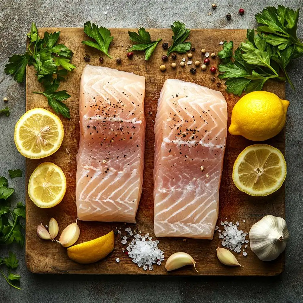 Fresh rockfish fillets on a wooden board with herbs and lemon