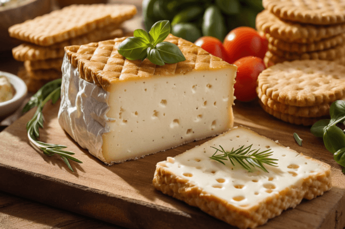 Smoked cream cheese with a golden-brown crust surrounded by crackers.