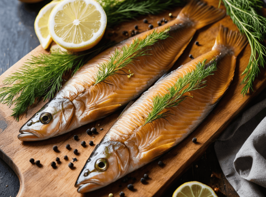 Smoked fish fillets on a wooden board with herbs and spices.