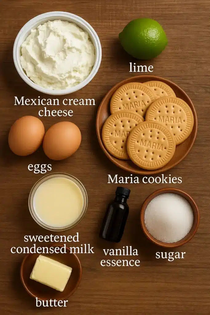 Mexican Cheesecake: The Irresistible Fusion of Flavor and Tradition 4 Mexican Cheesecake ingredients flatlay