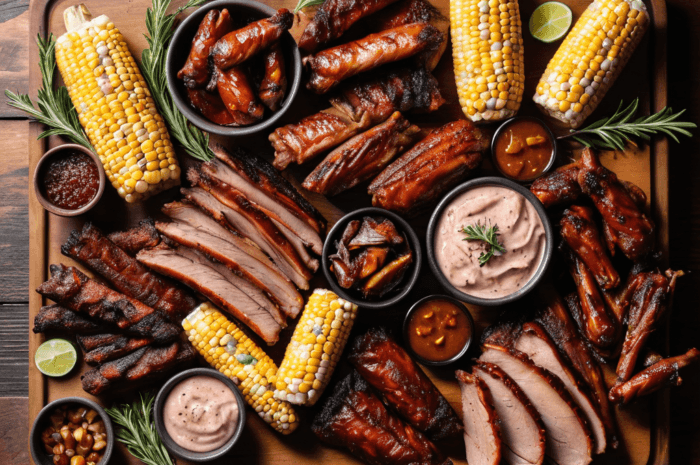 Smoker with brisket, ribs, and vegetables.