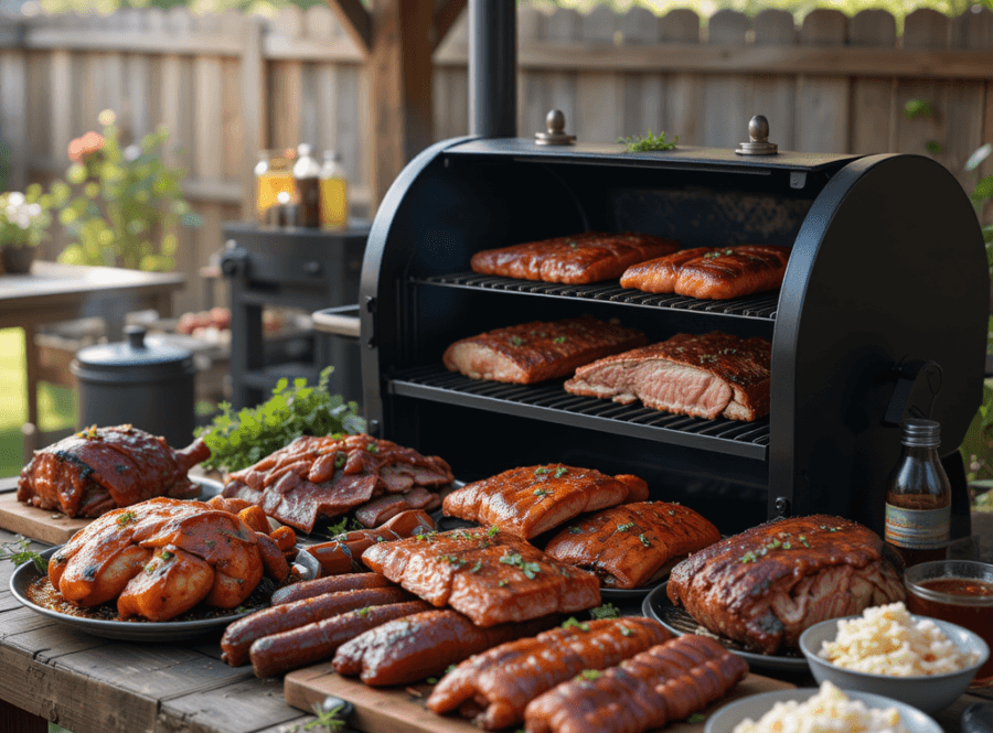 Smoker with chicken, pork ribs, and sausages – the easiest foods to smoke for beginners.