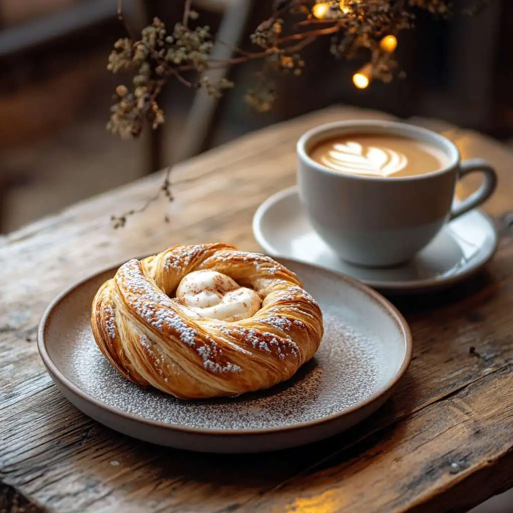 A cinnamon Danish served with a cup of coffee.