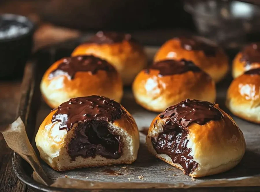 Freshly baked chocolate buns with gooey filling