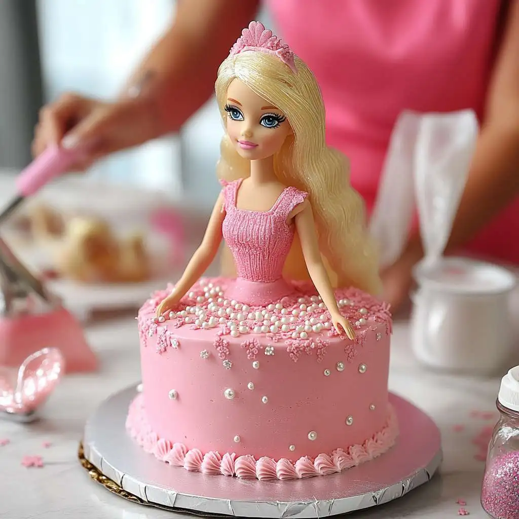 Adding fondant and edible decorations to a Barbie cake