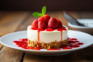 A close-up of a Mini Strawberry Cheesecake on a white plate in a cozy kitchen.