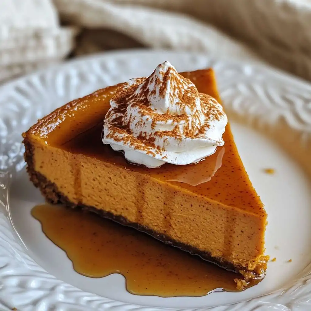 Slice of sweet potato cheesecake topped with whipped cream and maple syrup