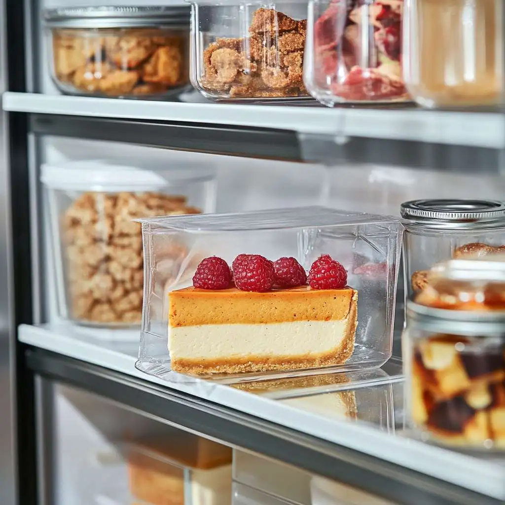 Sweet potato cheesecake in airtight container stored in the fridge.