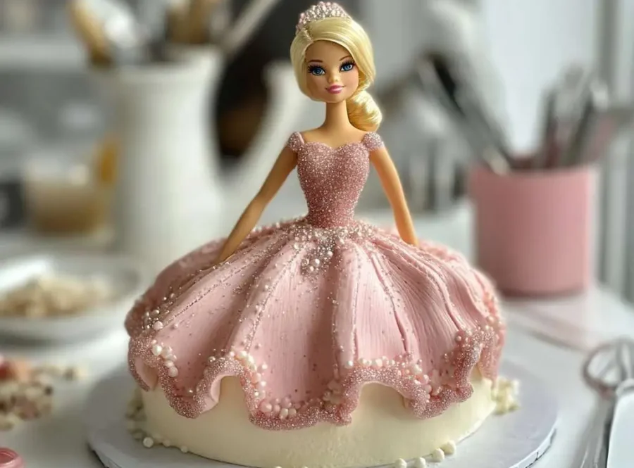 Barbie cake with a pink fondant dress and elegant decorations