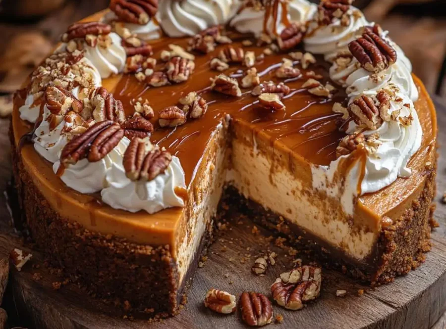 Sweet potato cheesecake topped with whipped cream, caramel, and pecans.