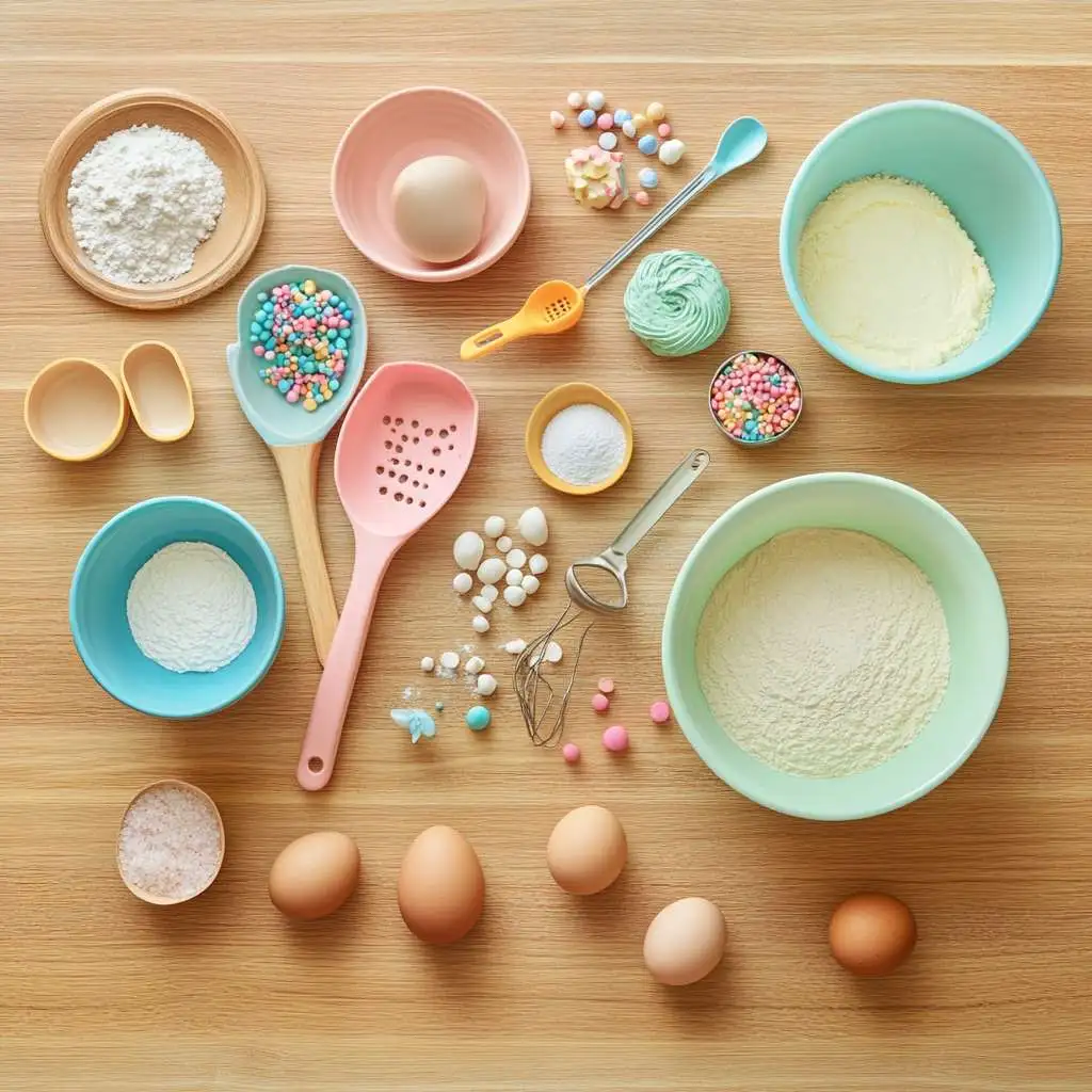 Baking tools and ingredients for a Barbie cake