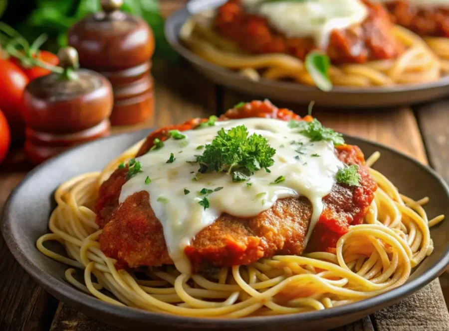 Chicken Parmesan served on spaghetti with marinara and cheese.