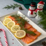 A beautifully arranged smoked salmon display with garnishes.