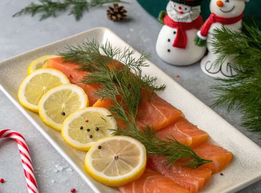 A beautifully arranged smoked salmon display with garnishes.